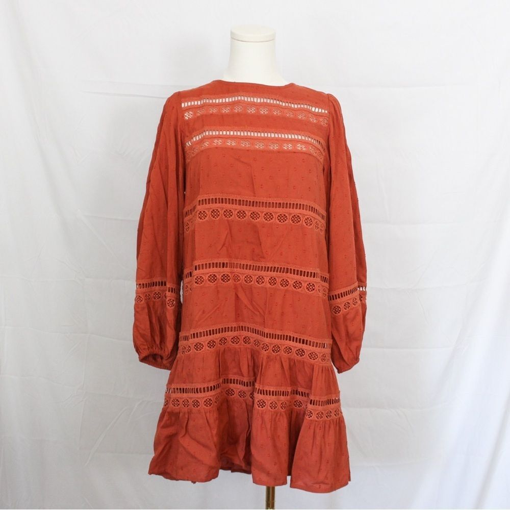 Anthropologie Tiered Puff-Sleeve Mini Dress Rust Orange Medium
